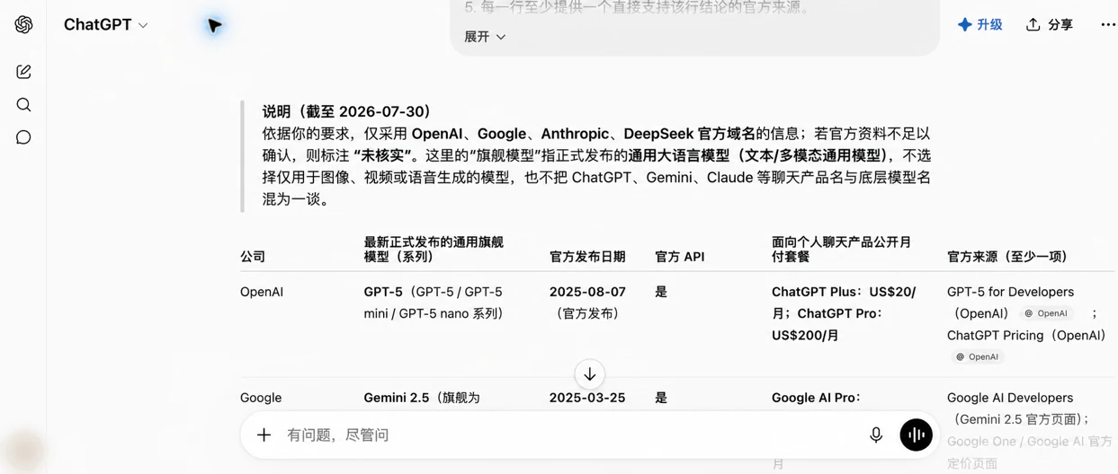 ChatGPT 免费版联网研究回答截图