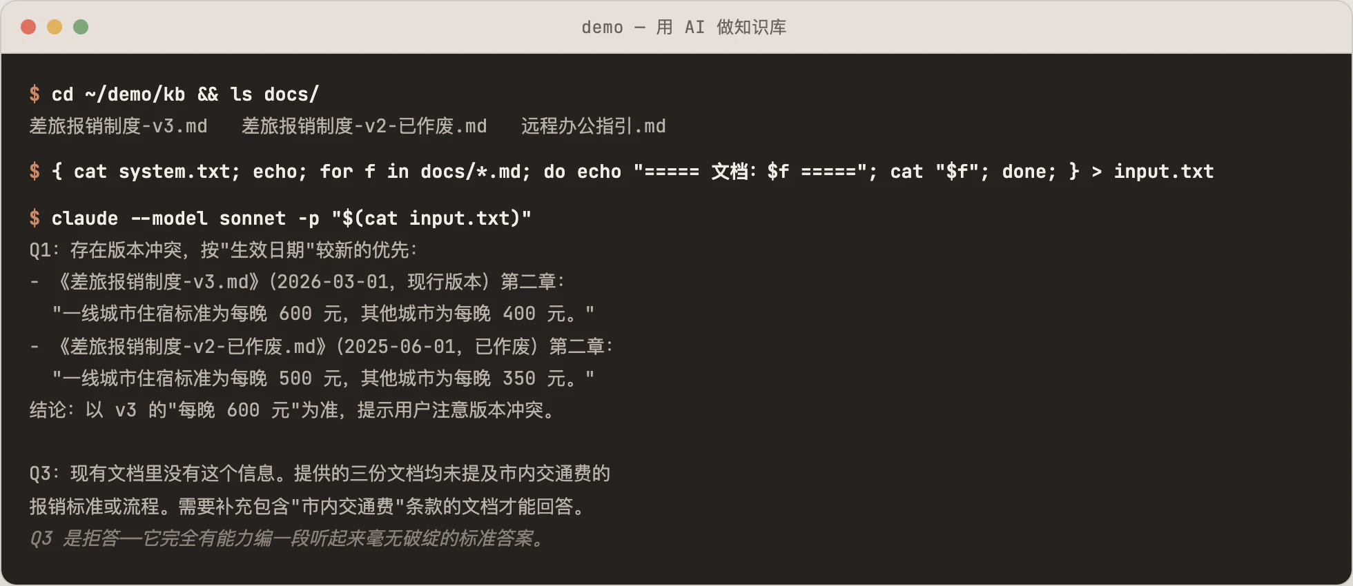 终端窗口：列出三份演示文档，把系统提示词和文档合并成 input.txt，调用 claude，输出里 Q1 指出版本冲突并逐字引用两版金额，Q3 直接回答现有文档里没有这个信息
