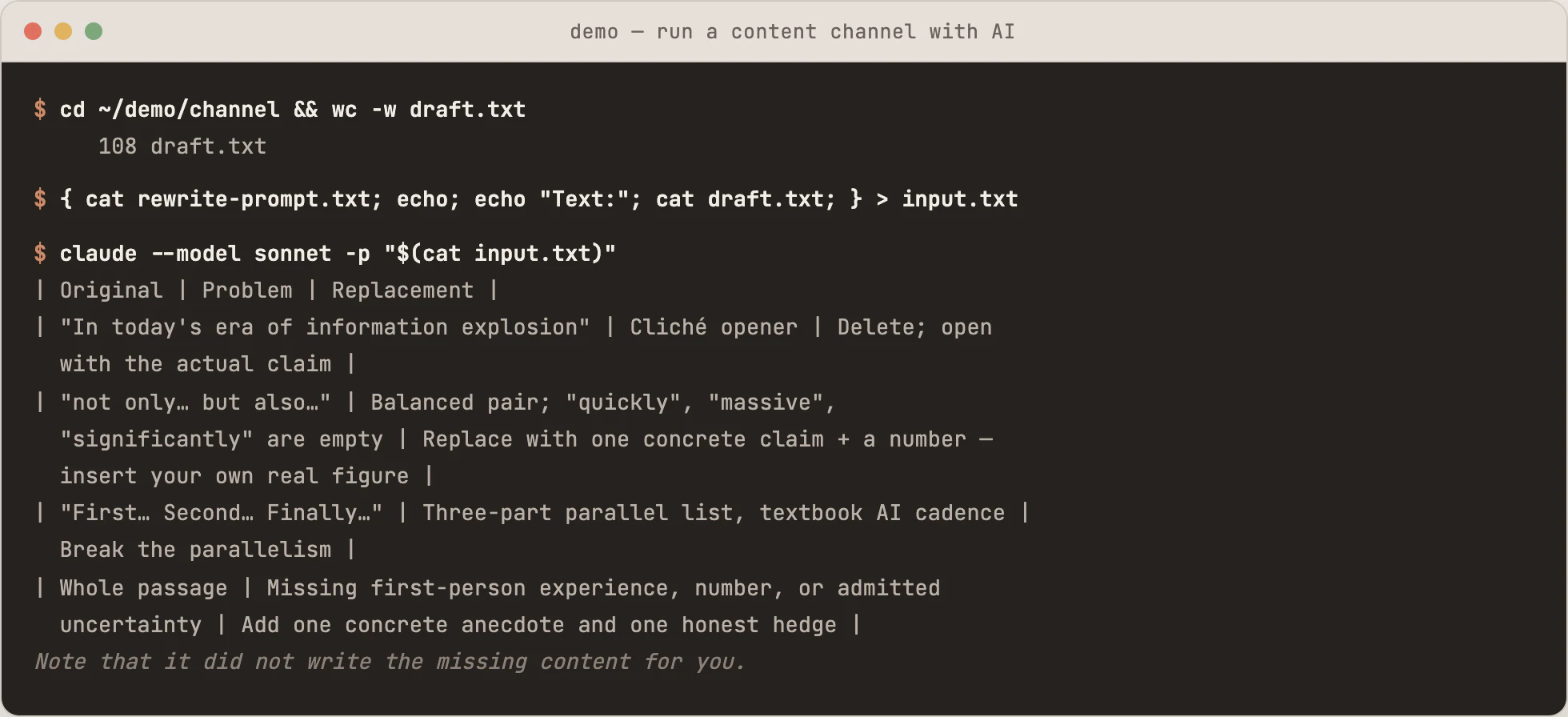 Terminal window: entering the demo/channel directory, joining the rewrite prompt and draft into input.txt, calling claude, and printing a table that names each cliché and empty adjective with a replacement
